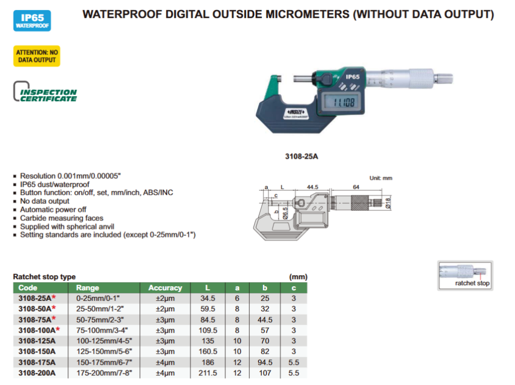 INSIZE Metriskais digitālais ārējais mikrometrs 0-25mm